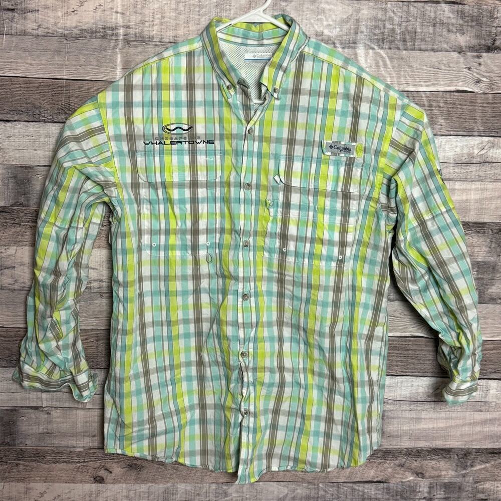 Columbia PFG Mens Shirt Medium White Plaid Button Up Boston Whaler Boats Fishing